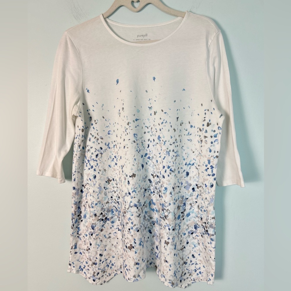 Pure Jill Dipped Hem White with Blue and Gray Print Top